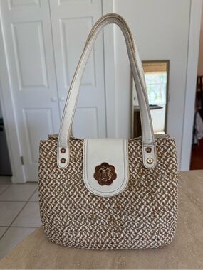 Eric Javits Tan and Cream Woven Tote with Flower Medallion
